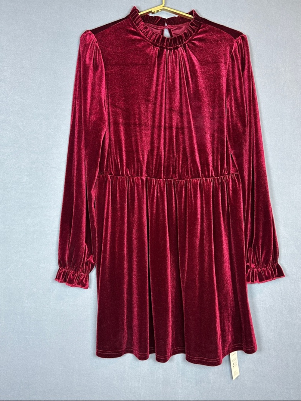 Cupshe Velvet Ruffle Neck Mini Dress Womens XL Wine Long Sleeve NWT